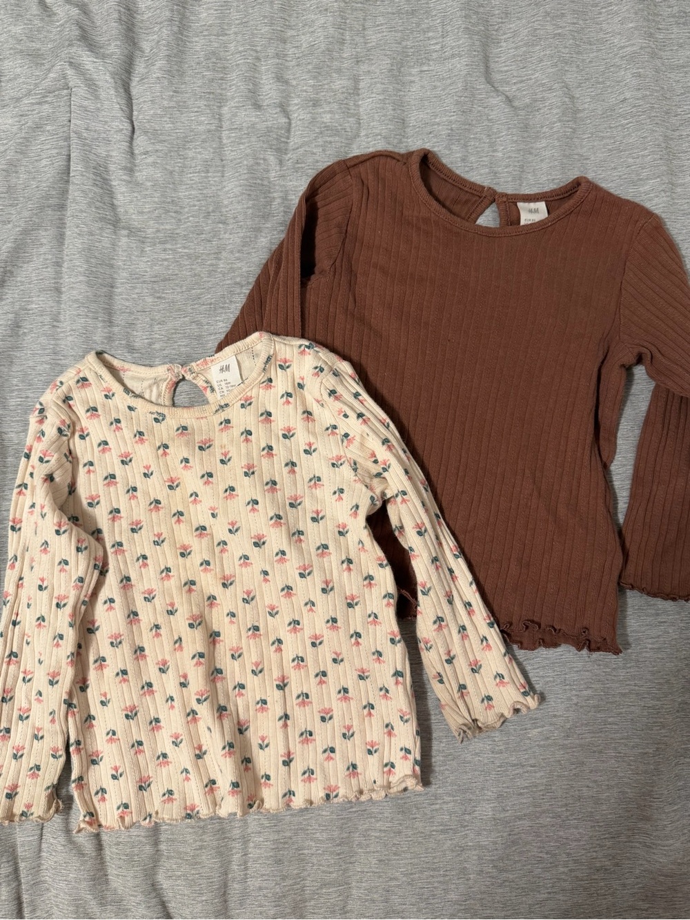 H&M Girls Ribbed Brown Top & Cream Floral Ribbed Top